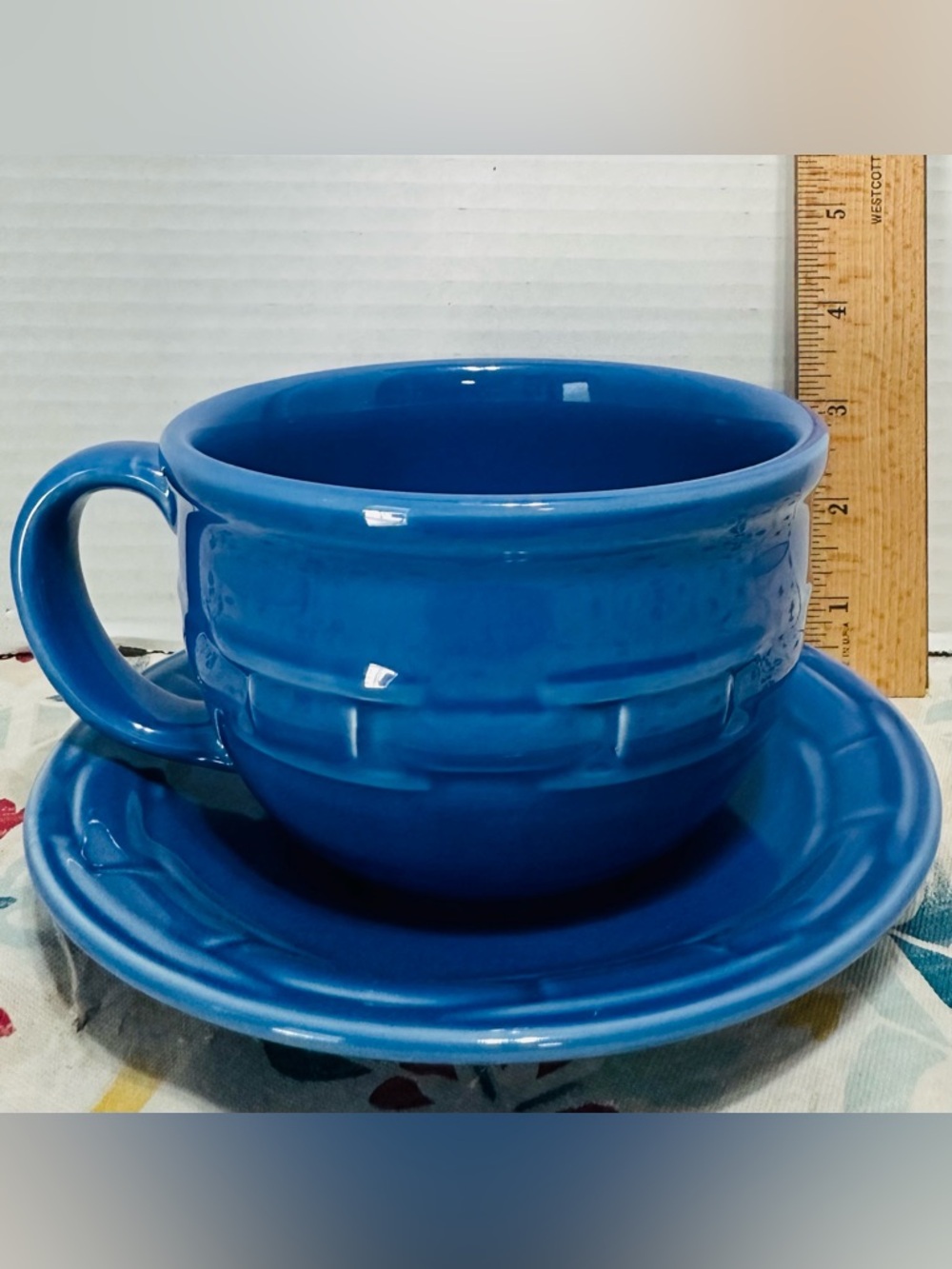 Longaberger Bright Blue Ceramic Cappuccino Mug and Saucer
